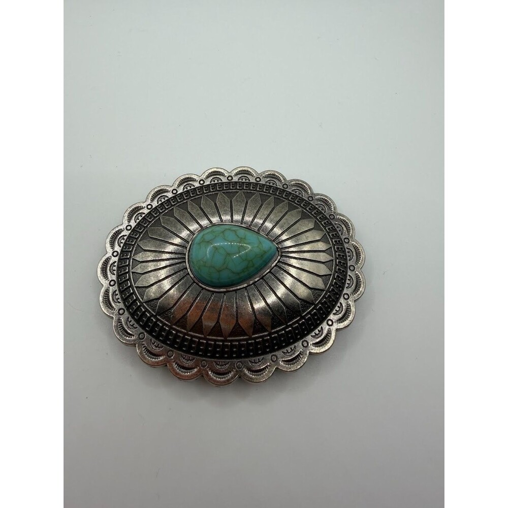Womenโs Western Oval Belt Buckle Silver Tone Turquoise Look Stone Scalloped